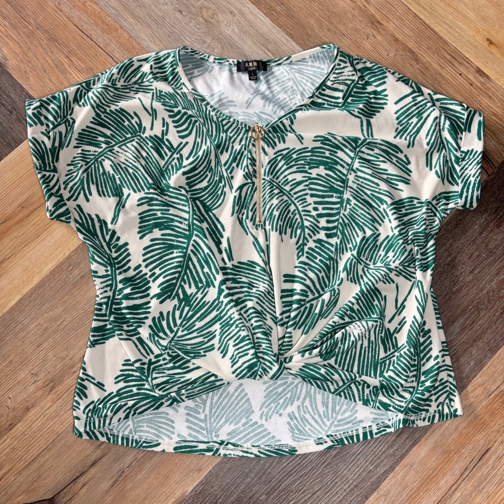 A.U.W. LA|NY Women Green Palm Leaf Print Front Knot Zipper V-Neck Top Large